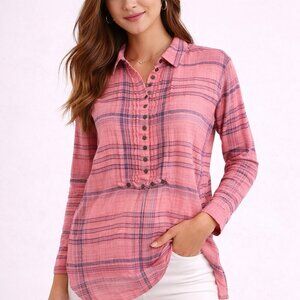 Anthro Pilcro Plaid Tunic XS Pink Blue Henley Pintuck High Low Shirt
